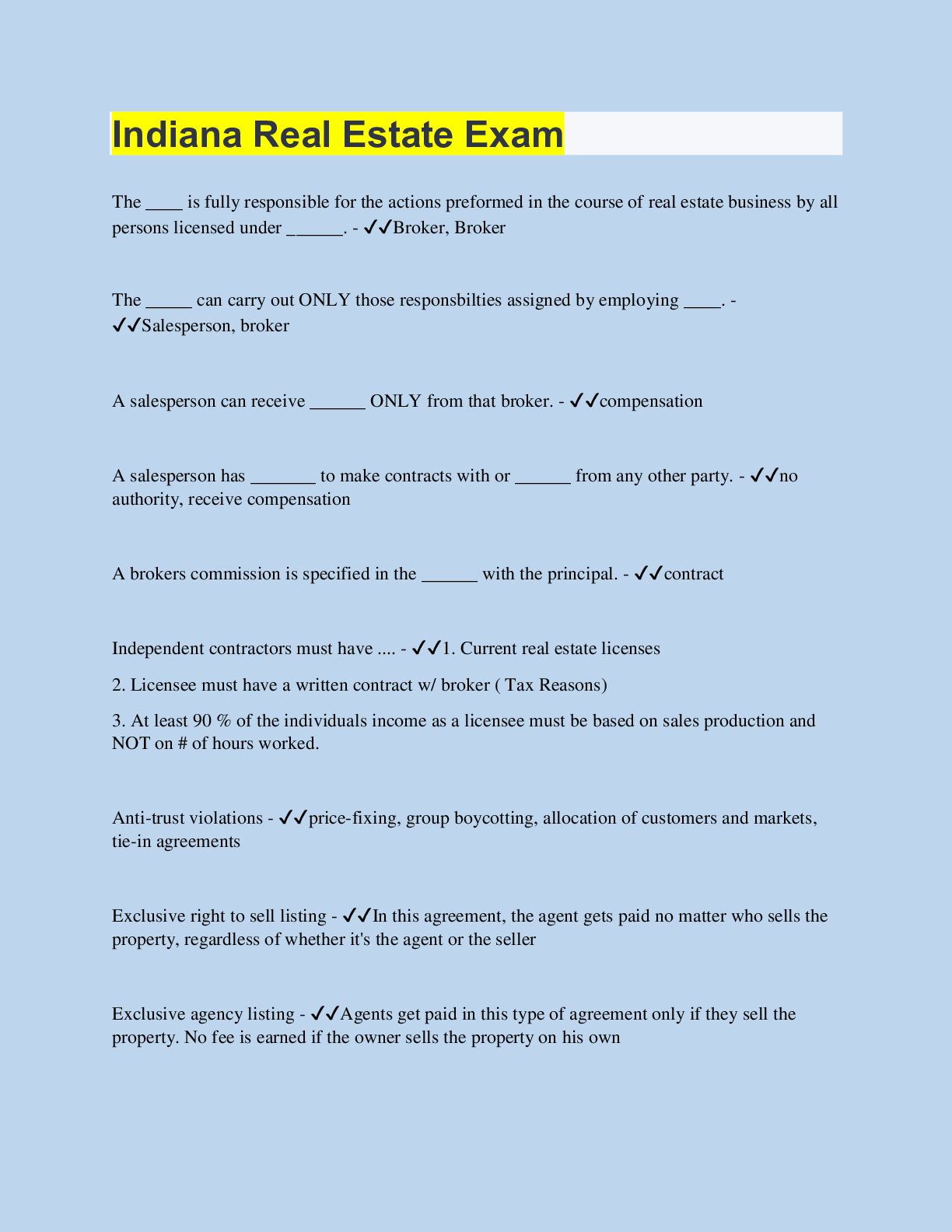 Indiana Real Estate Exam 160 Questions with 100 Correct Answers